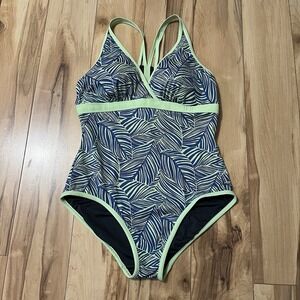 LL Bean One Piece Swimsuit Women Sz 12 Green Blue Leaf V Neck UPF 50+ UV Lined